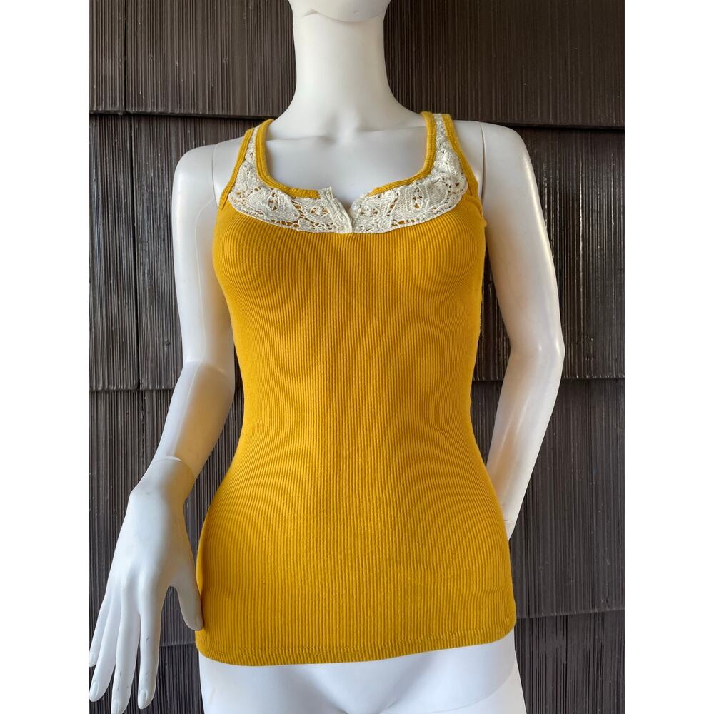 🔥Poof Excellence Y2K Yellow Mustard Lace Trim Ribbed Tank Top Coquette Size L